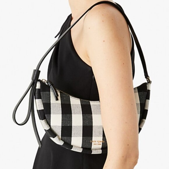 Kate Spade Smile Shoulder Bag Black Gingham Small Leather Fabric Zip Top White - Picture 9 of 10